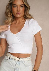 Renee - Biały Bawełniany T-shirt z Prążkowanej Tkaniny z Dekoltem w Szpic Filaretta. Okazja: na co dzień. Kolor: biały. Materiał: bawełna, tkanina, prążkowany. Styl: klasyczny, elegancki, casual #4