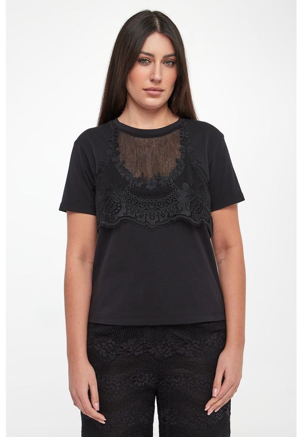 Twinset Milano - T-shirt damski z koronką TWINSET. Materiał: koronka. Wzór: koronka