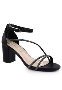 Sandały damskie na słupku z cyrkoniami czarne Sabatina 730-1. Kolor: czarny. Materiał: skóra ekologiczna. Obcas: na słupku #1