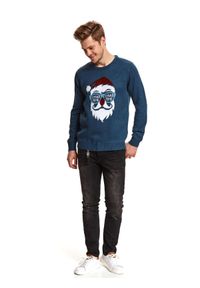 TOP SECRET - Sweter z mikołajem. Okazja: na co dzień. Kolor: niebieski. Materiał: dzianina. Długość: długie. Wzór: nadruk. Sezon: zima. Styl: casual #1