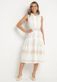 Born2be - Biała Koszulowa Sukienka z Ozdobnym Haftem i Paskiem Mallivena. Okazja: na co dzień. Typ kołnierza: kołnierzyk klasyczny. Kolor: biały. Materiał: materiał, bawełna, jeans, poliester. Wzór: haft. Typ sukienki: koszulowe. Styl: klasyczny, casual #3