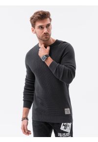 Ombre Clothing - Sweter męski E185 - grafitowy - XXL. Kolor: szary. Materiał: akryl, bawełna. Długość rękawa: długi rękaw. Długość: długie. Wzór: aplikacja. Sezon: zima, jesień