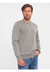 Ombre Clothing - Washowana bluza męska z ozdobnym przeszyciem przy dekolcie - beżowa V2 - Rozmiar: XXL. Kolor: beżowy. Materiał: jeans, materiał, poliester, bawełna. Wzór: haft #2