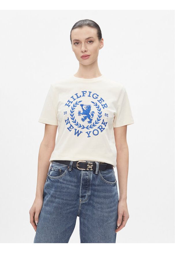 TOMMY HILFIGER - Tommy Hilfiger T-Shirt Reg Crest C-Nk Tee Ss WW0WW41058 Écru Regular Fit. Materiał: bawełna