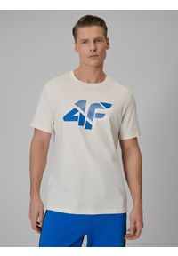 4f - 4F T-shirt regular z nadrukiem męski - beżowy XL. Okazja: na co dzień. Kolor: beżowy. Materiał: bawełna, materiał. Wzór: nadruk. Styl: casual #1