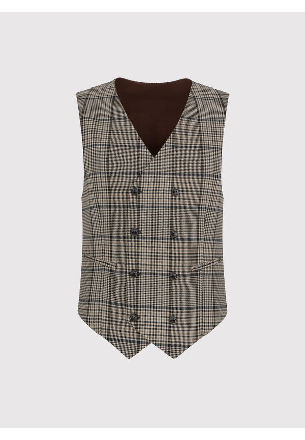 Pako Lorente - PAKO LORENTE – Brązowa dwurzędowa kamizelka męska w kratę. Kolor: brązowy. Materiał: wełna. Styl: elegancki