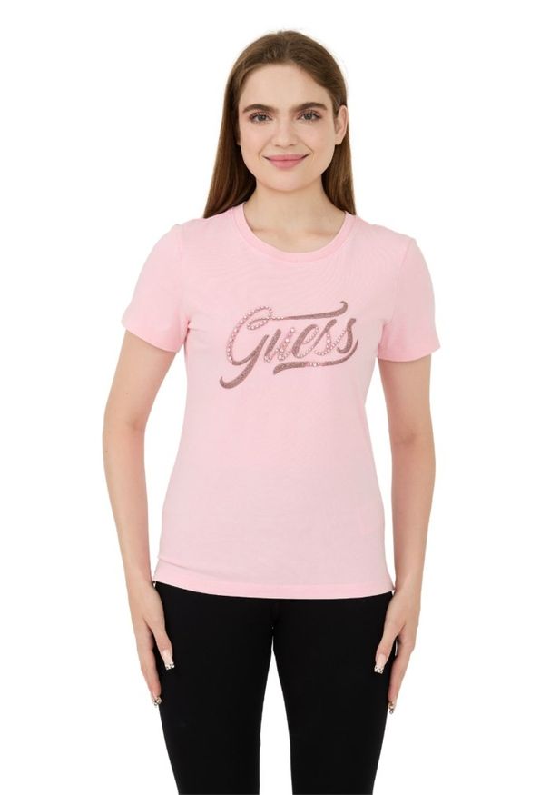 Guess - GUESS Różowy t-shirt Stones&embro Tee. Kolor: różowy