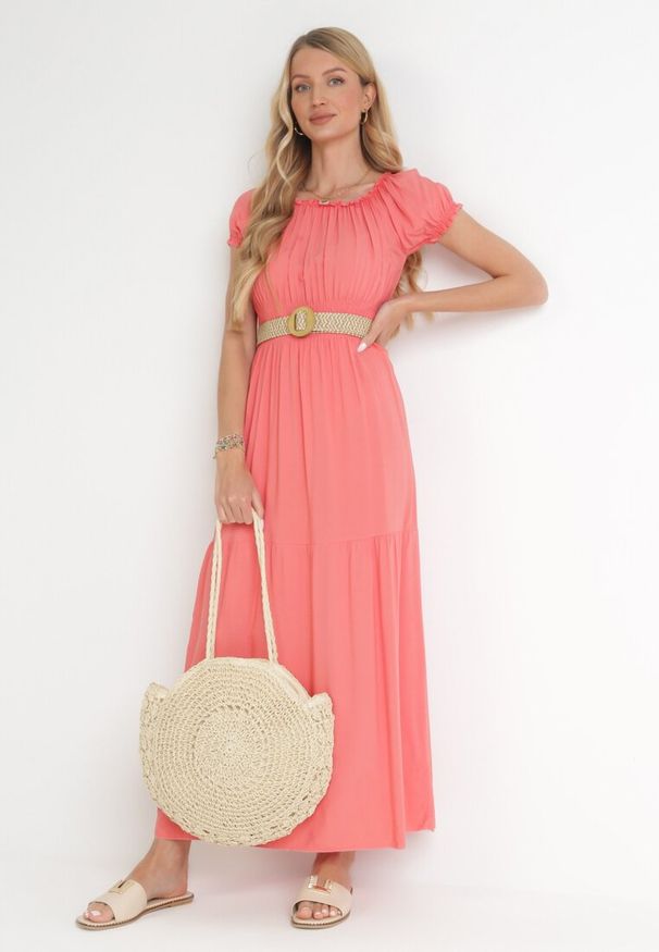 Born2be - Pomarańczowa Sukienka Hiszpanka z Gumkami w Pasie Badite. Typ kołnierza: dekolt hiszpanka. Kolor: różowy. Sezon: lato