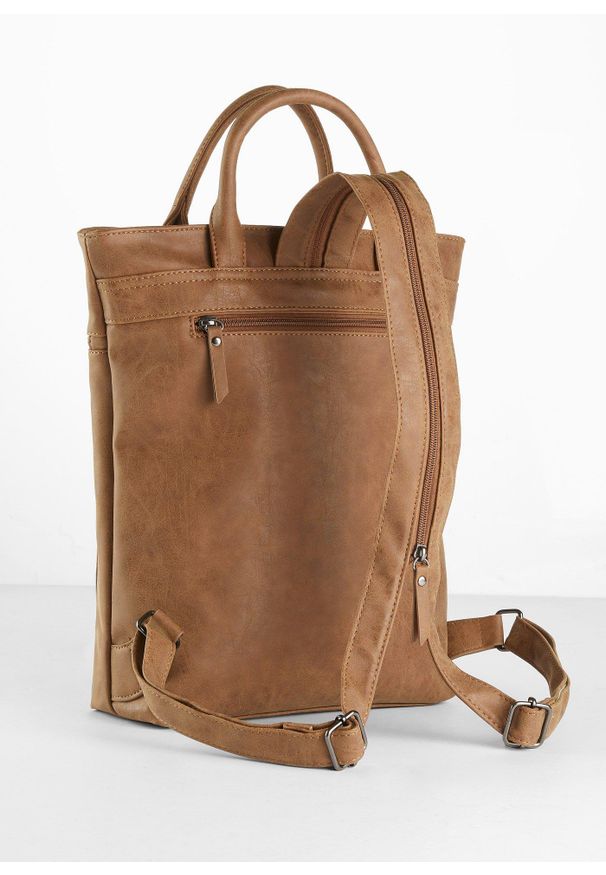 bonprix - Plecak z kieszeniami na zewnątrz. Kolor: brązowy. Materiał: skórzane. Styl: casual