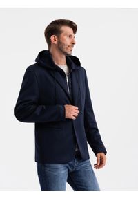 Ombre Clothing - Marynarka męska z odpinaną podpinką i kapturem – granatowa V2 - Rozmiar: XL. Okazja: do pracy, na co dzień. Typ kołnierza: kaptur. Kolor: niebieski. Materiał: poliester. Styl: wizytowy, casual, elegancki #5