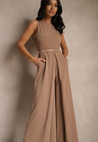 Renee - Ciemnobeżowy Kombinezon Bez Rękawów z Nogawkami Wide Leg Noreldi. Okazja: na co dzień. Kolor: beżowy. Długość rękawa: bez rękawów. Styl: elegancki, casual