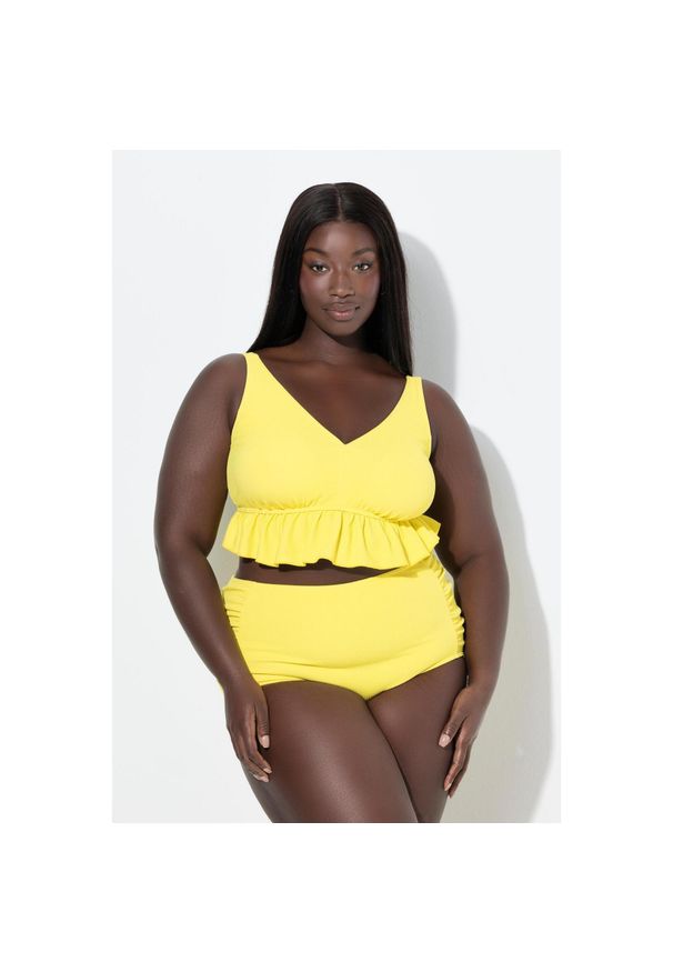 ULLA POPKEN - Damskie Bikini faktura falbana miękkie miseczki regulowane ramiączka. Kolekcja: plus size. Kolor: żółty. Materiał: poliester, materiał, elastan