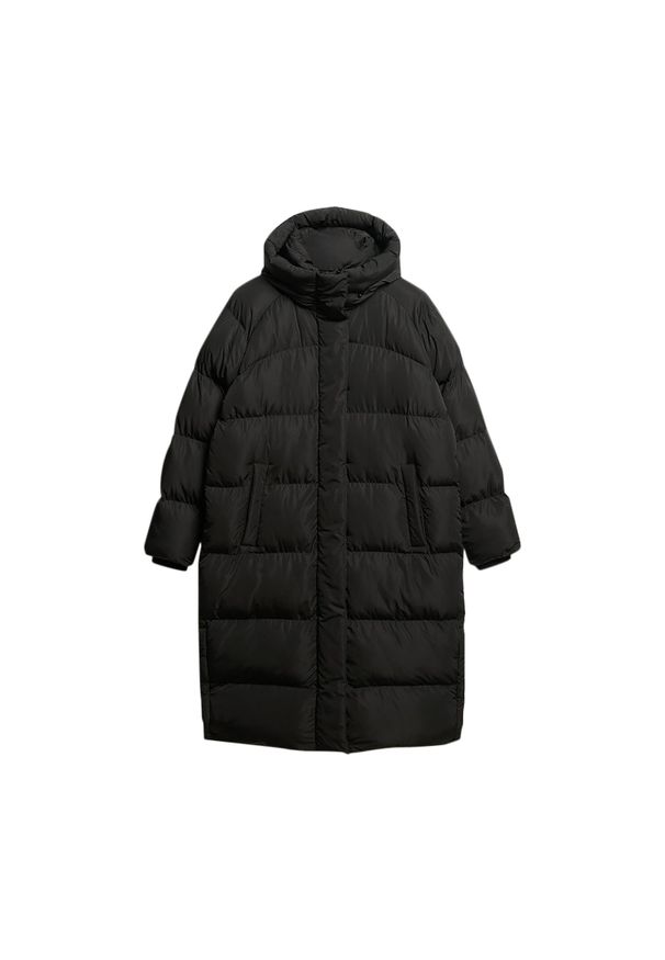 Damska długa kurtka z kapturem Superdry. Typ kołnierza: kaptur. Kolor: czarny. Materiał: puch. Długość rękawa: długi rękaw. Długość: długie. Sezon: zima