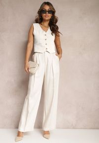 Renee - Jasnobeżowe Szerokie Spodnie High Waist z Kieszeniami Keanne. Okazja: na co dzień. Stan: podwyższony. Kolekcja: dla wysokich. Kolor: beżowy. Styl: casual