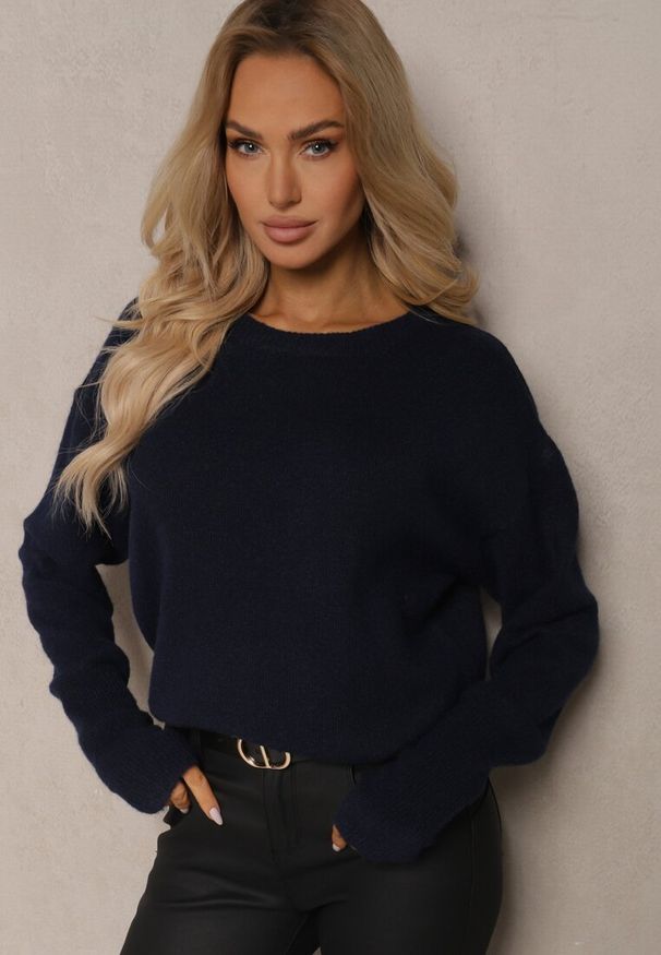 Renee - Granatowy Klasyczny Sweter z Dodatkiem Wełny Parilaine. Kolor: niebieski. Materiał: wełna. Sezon: zima. Styl: klasyczny