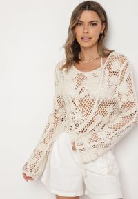 Born2be - Beżowa Ażurowa Bluzka z Bawełny Halerose. Okazja: na co dzień. Kolor: beżowy. Materiał: bawełna. Wzór: ażurowy. Styl: klasyczny, casual #5