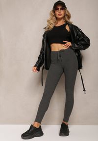 Renee - Ciemnoszare Legginsy ze Sznurkiem w Pasie z Elastycznej Bawełny Herccena. Kolor: szary. Materiał: bawełna