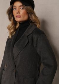 Renee - Ciemnoszary Płaszcz z Wiskozą o Dwurzędowym Kroju z Kieszeniami i Wiązanym Paskiem Ninneta. Okazja: na co dzień, na spotkanie biznesowe. Kolor: szary. Materiał: wiskoza. Długość rękawa: długi rękaw. Długość: długie. Styl: biznesowy, elegancki, casual #3