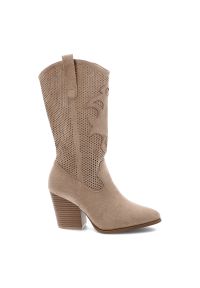 Beżowe Kozaki S.Barski Eleganckie Obuwie Damskie. Kolor: beżowy. Materiał: zamsz, materiał. Szerokość cholewki: normalna. Wzór: ażurowy, aplikacja. Obcas: na obcasie. Styl: elegancki. Wysokość obcasa: średni #4