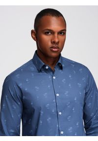 Ombre Clothing - Klasyczna męska bawełniana koszula SLIM FIT w palmy - ciemnoniebieska V5 - Rozmiar: L. Typ kołnierza: kołnierzyk klasyczny. Kolor: niebieski. Materiał: bawełna. Długość rękawa: długi rękaw. Długość: długie. Wzór: nadruk. Styl: klasyczny #1