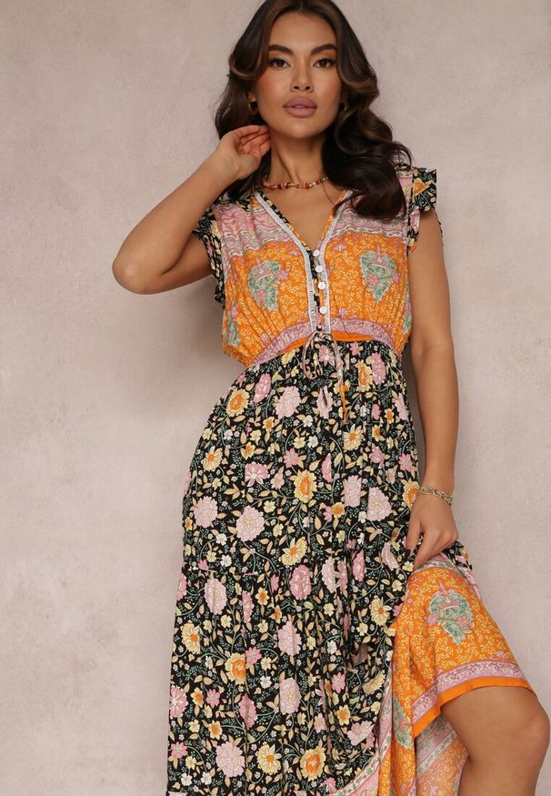 Renee - Czarno-Pomarańczowa Sukienka z Wiskozy z Gumką i Sznurkiem w Pasie Anash. Kolor: pomarańczowy. Materiał: wiskoza. Wzór: aplikacja. Styl: boho. Długość: maxi