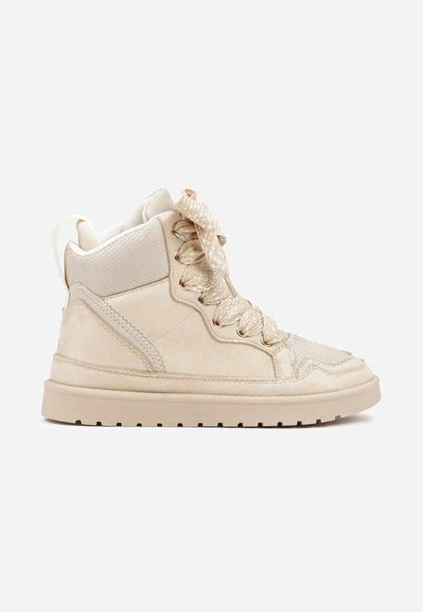 Renee - Beżowe Sneakersy Ozdobione Sznurówkami w Geometryczny Wzór Avoslia. Okazja: na co dzień. Kolor: beżowy. Materiał: jeans. Wzór: aplikacja, geometria