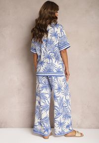 Renee - Biało-Niebieski Komplet z Wiskozy Luźna Koszula z Rozcięciami i Szerokie Spodnie z Gumką w Pasie Primelba. Kolor: biały. Materiał: wiskoza #4