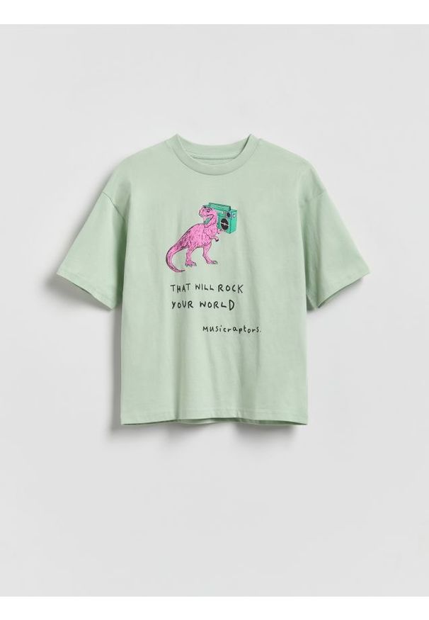 Reserved - Bawełniany t-shirt z nadrukiem - jasnozielony. Kolor: zielony. Materiał: bawełna. Wzór: nadruk