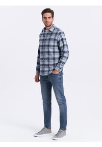 Ombre Clothing - Flanelowa koszula męska w kratę - niebiesko-szara V1. Kolor: szary. Materiał: bawełna. Styl: klasyczny