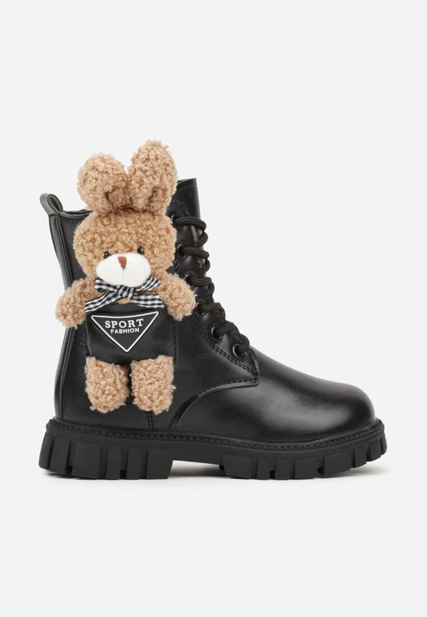 Born2be - Czarne Botki Workery Ozdobione Królikiem 3D Retisa. Okazja: na co dzień. Kolor: czarny. Materiał: jeans. Wzór: aplikacja. Styl: casual, elegancki