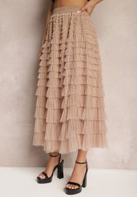 Renee - Beżowa Spódnica Midi z Tiulowymi Falbankami Kontha. Kolor: beżowy. Materiał: tiul. Styl: glamour, elegancki