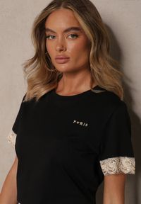 Renee - Czarny Bawełniany T-shirt z Koronkowymi Zdobieniami i Cekinami Drane. Okazja: na co dzień, na imprezę. Kolor: czarny. Materiał: bawełna, koronka. Wzór: aplikacja. Styl: elegancki, casual #3