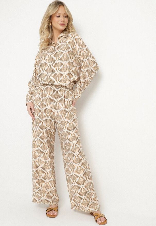 Born2be - Beżowo-Brązowy Wiskozowy Komplet w Etniczny Wzór Koszula i Spodnie Desaviana. Kolor: beżowy. Materiał: wiskoza. Wzór: aplikacja