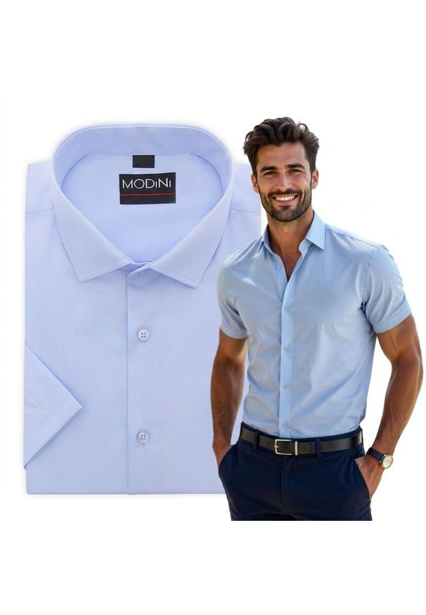 Modini - Gładka błękitna koszula z krótkim rękawem YK20. Kolor: niebieski. Materiał: bawełna, tkanina, poliester. Długość rękawa: krótki rękaw. Długość: krótkie. Wzór: gładki. Styl: klasyczny
