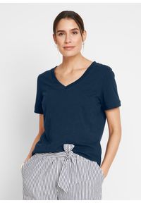 bonprix - T-shirt z czystej bawełny. Typ kołnierza: dekolt w serek. Kolor: niebieski. Materiał: bawełna. Długość rękawa: krótki rękaw. Długość: krótkie #1