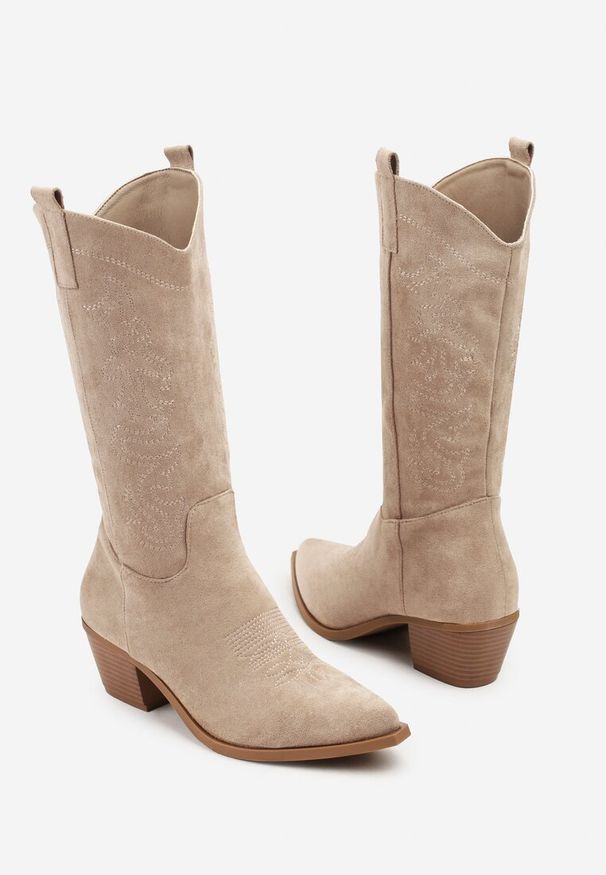 Renee - Ciemnobeżowe Botki Kowbojki na Stożku Nalomea. Okazja: na co dzień. Kolor: beżowy. Materiał: skóra, jeans. Obcas: na stożku. Styl: street, casual, boho