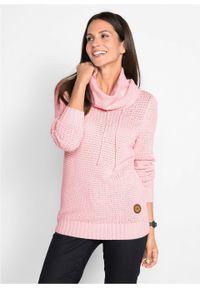 Sweter z golfem z troczkami bonprix pastelowy jasnoróżowy. Typ kołnierza: golf. Kolor: różowy. Materiał: skóra. Wzór: aplikacja #4