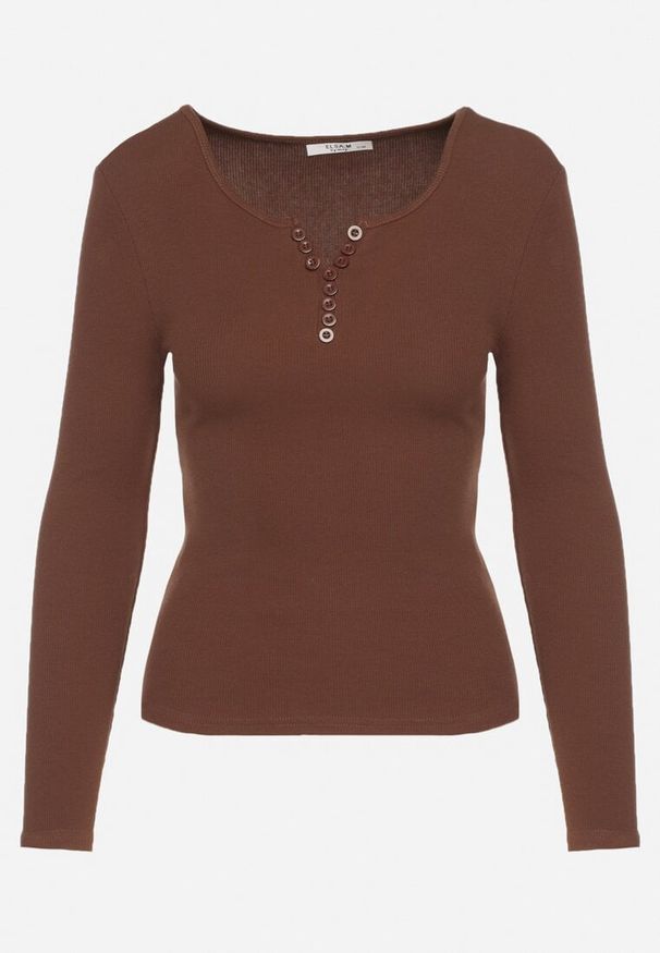 Born2be - Brązowa Prążkowana Bluzka z Bawełny z Długim Rękawem i Guziczkami Amendria. Okazja: na co dzień. Kolor: brązowy. Materiał: prążkowany, bawełna. Długość rękawa: długi rękaw. Długość: długie. Styl: casual