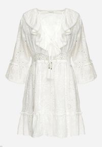 Born2be - Biała Bawełniana Sukienka Mini z Haftowanej Tkaniny z Koronką Telvia. Kolor: biały. Materiał: tkanina, koronka, bawełna. Wzór: haft, koronka. Długość: mini #6