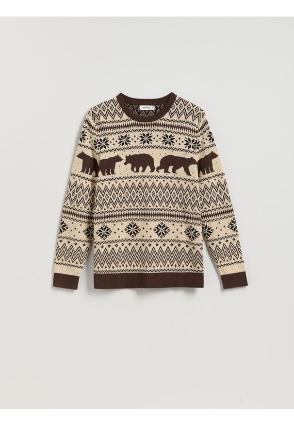 Reserved - Sweter ze świątecznym motywem - kremowy. Kolor: kremowy. Materiał: dzianina, bawełna. Styl: wizytowy