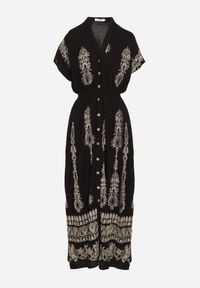 Born2be - Czarna Haftowana Taliowana Sukienka z Bawełną Zdobiona Srebrną Nicią i Gumkami Ellofia. Okazja: na co dzień. Kolor: czarny. Materiał: bawełna. Wzór: aplikacja, haft. Typ sukienki: proste. Styl: klasyczny, casual, elegancki #5