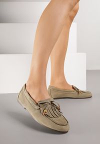 Born2be - Zielone Mokasyny Ozdobione Frędzlami Kokardą i Koralikami Woodswift. Okazja: na co dzień. Kolor: zielony. Materiał: jeans. Wzór: aplikacja. Styl: klasyczny, casual, elegancki #1