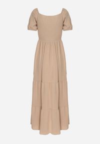Born2be - Beżowa Rozkloszowana Sukienka z Dekoltem Typu Hiszpanka z Marszczeniem Lumorice. Okazja: na co dzień. Typ kołnierza: dekolt hiszpanka. Kolor: beżowy. Styl: casual, elegancki #6