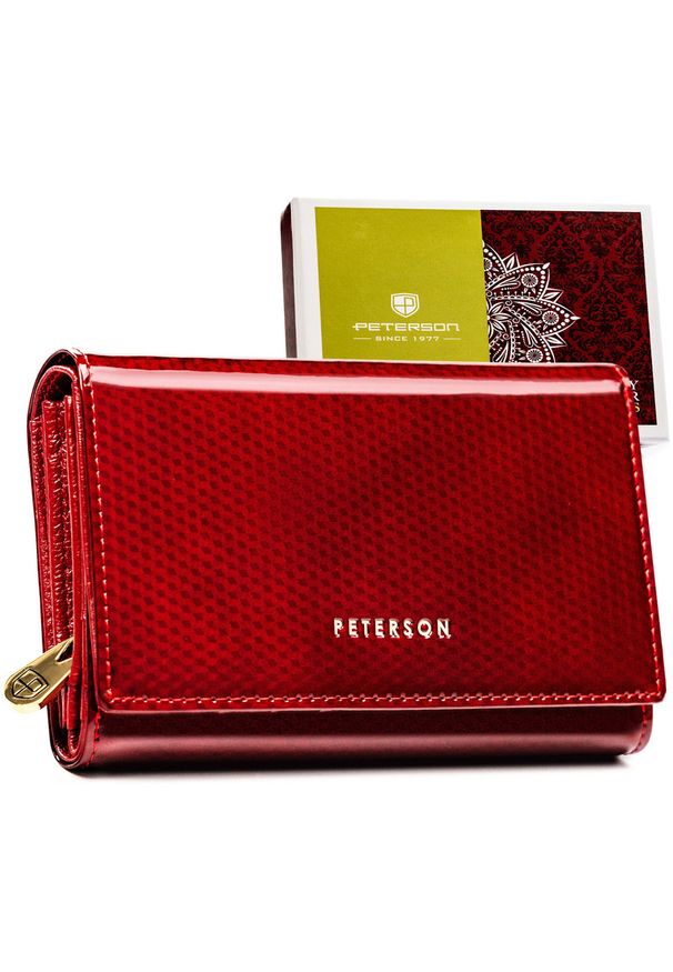 Skórzany, lakierowany portfel damski w czerwonym kolorze, wyposażony w kieszeń zewnętrzną - Peterson. Kolor: czerwony. Materiał: lakier, skóra