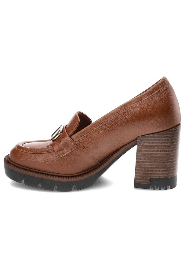 Brązowe Półbuty CheBello Eleganckie Skórzane Buty Na Obcasie. Kolor: brązowy. Materiał: skóra. Szerokość cholewki: normalna. Obcas: na obcasie. Styl: elegancki. Wysokość obcasa: średni