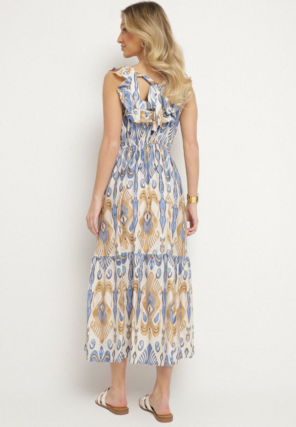 Born2be - Niebieska Rozkloszowana Sukienka z Wiskozą Wiązana na Plecach w Print Boho Turielia. Okazja: na spacer. Kolor: niebieski. Materiał: wiskoza. Długość rękawa: na ramiączkach. Wzór: nadruk. Sezon: lato. Styl: boho