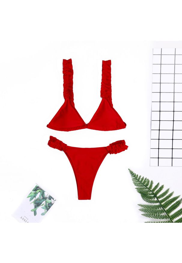 Intica - Bikini trójkątne z falbanką na plażę Mikyung. Kolor: czerwony. Materiał: materiał