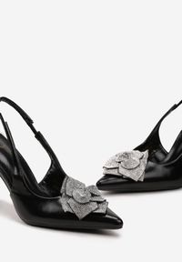 Renee - Czarne Sandały z Aplikacją Kwiatka z Cyrkoniami i z Geometryczną Szpilką Anabra. Okazja: na randkę. Kolor: czarny. Wzór: kwiaty, geometria, aplikacja #5