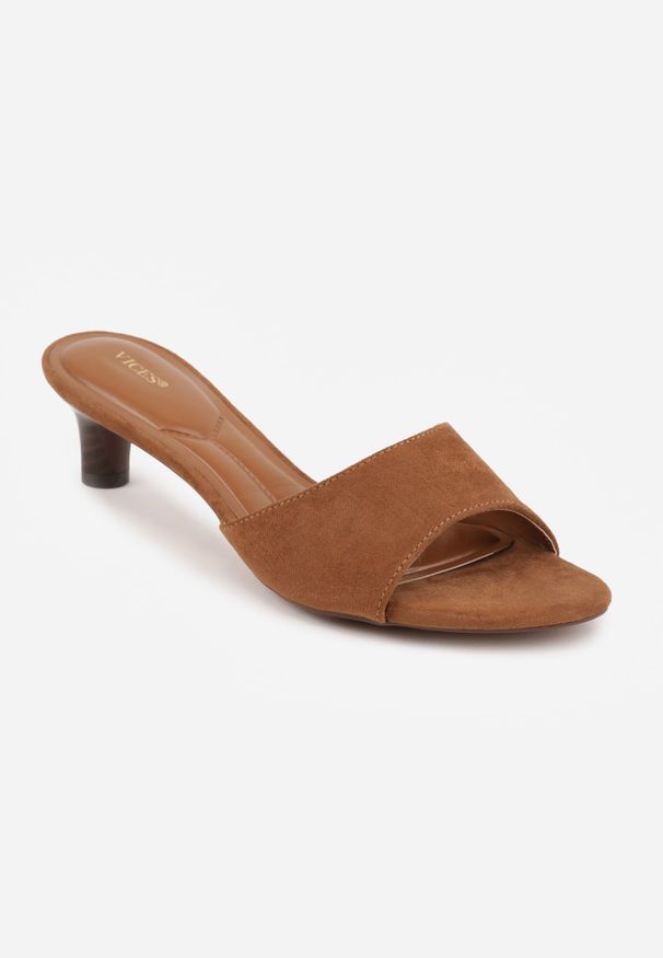 Renee - Brązowe Klapki VICES na Obcasie Typu Kaczuszka z Imitacji Drewna Sacredgem. Okazja: do pracy. Kolor: brązowy. Materiał: jeans. Obcas: na obcasie. Wysokość obcasa: średni