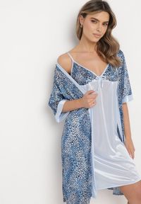 Born2be - Niebieski Komplet Piżamowy Koszula Nocna i Szlafrok w Cętki Pellan. Kolor: niebieski. Materiał: tkanina #4
